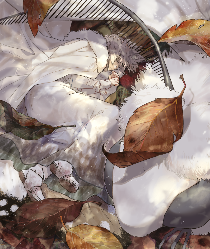 1boy blanca_(fate) boots bug cloak closed_eyes closed_mouth commentary diamond_hairband fate/grand_order fate_(series) full_body fur-trimmed_boots fur-trimmed_cloak fur_trim grey_hair leaf long_sleeves lying male_focus medium_hair moth oberon_(fate) on_ground on_side oversized_insect reito6 robe sleeping solo white_cloak white_footwear white_robe