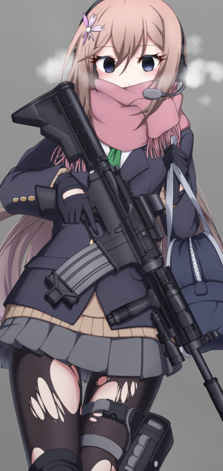 1girl bag black_gloves black_pantyhose blazer blue_eyes blue_jacket blush breath brown_hair brown_sweater closed_mouth commentary_request den_noko ear_protection fringe_trim gloves green_necktie grey_background grey_skirt gun hair_between_eyes headset highres holding holding_gun holding_strap holding_weapon jacket long_hair looking_at_viewer necktie original pantyhose pink_scarf pleated_skirt scarf school_bag school_uniform simple_background skirt smile solo sweater torn_clothes torn_pantyhose trigger_discipline very_long_hair weapon weapon_request