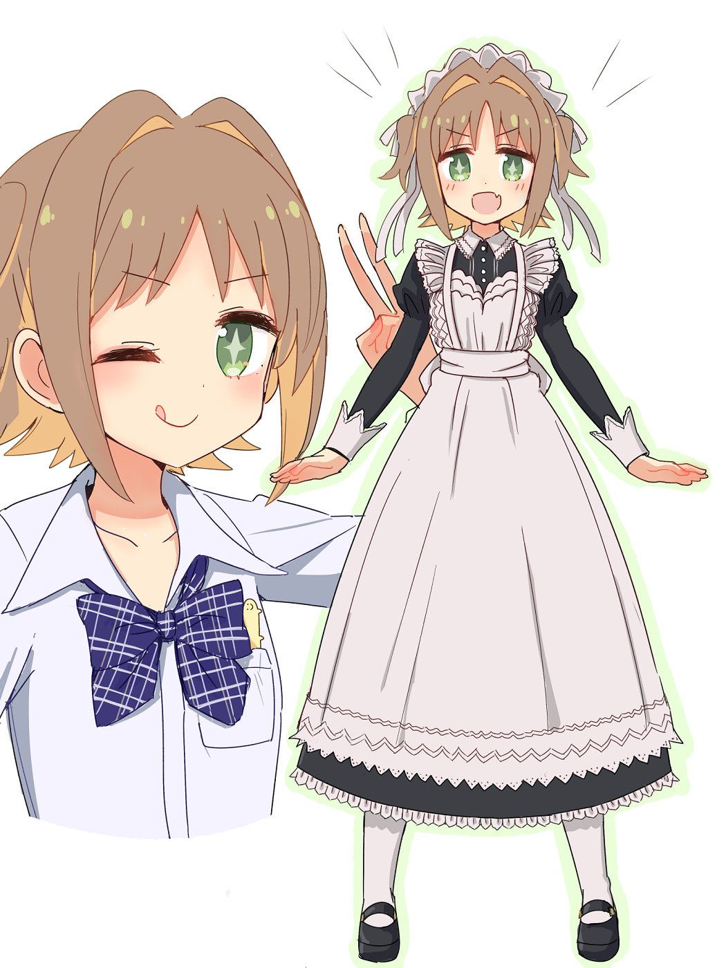 +_+ 1girl :d ;q alternate_costume black_footwear blonde_hair blue_bow blue_bowtie bow bowtie brown_hair colored_inner_hair commentary enmaided es04b fang full_body green_eyes hair_intakes highres juliet_sleeves long_sleeves looking_at_viewer maid maid_headdress mary_janes multicolored_hair multiple_views oka_asahi one_eye_closed onii-chan_wa_oshimai! open_mouth pantyhose plaid plaid_bow plaid_bowtie puffy_sleeves shirt shoes short_hair simple_background skin_fang smile tongue tongue_out two-tone_hair v white_background white_pantyhose white_shirt wing_collar