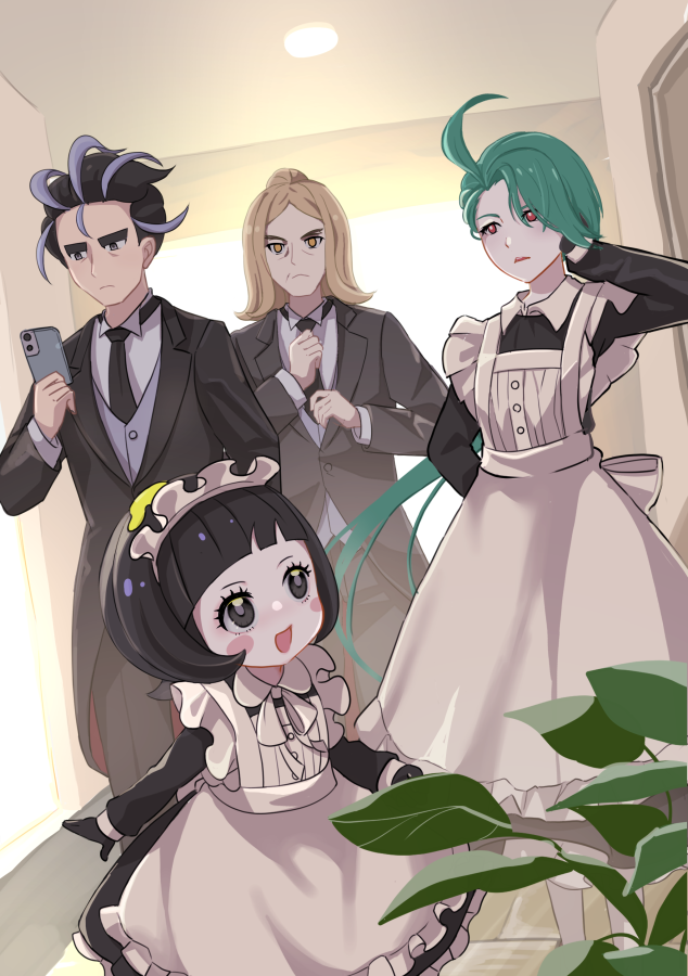 2boys 2girls adjusting_clothes adjusting_necktie ahoge alternate_costume apron black_dress black_gloves black_hair black_necktie blonde_hair bright_pupils buttons ceiling cellphone collared_shirt commentary_request dress enmaided frills gloves green_hair hand_up hassel_(pokemon) holding holding_phone indoors jacket larry_(pokemon) long_hair maid maid_headdress mizuiro123 multiple_boys multiple_girls necktie parted_bangs phone pokemon pokemon_(game) pokemon_sv poppy_(pokemon) red_eyes rika_(pokemon) shirt vest white_apron white_pupils