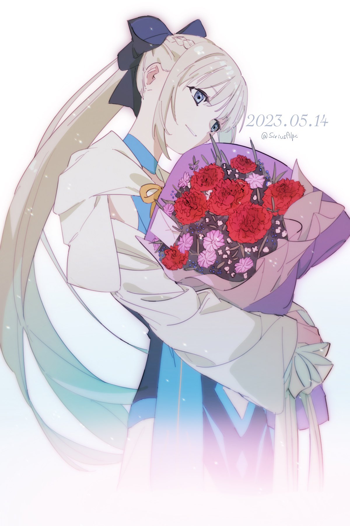 1girl black_bow blue_choker blue_eyes bow braid choker dated dress fate/grand_order fate_(series) flower grass grey_hair hair_bow highres holding holding_flower letter long_dress long_hair long_sleeves morgan_le_fay_(fate) open_clothes open_dress pink_flower red_flower smile soshin_(siriusalpc) very_long_hair white_background