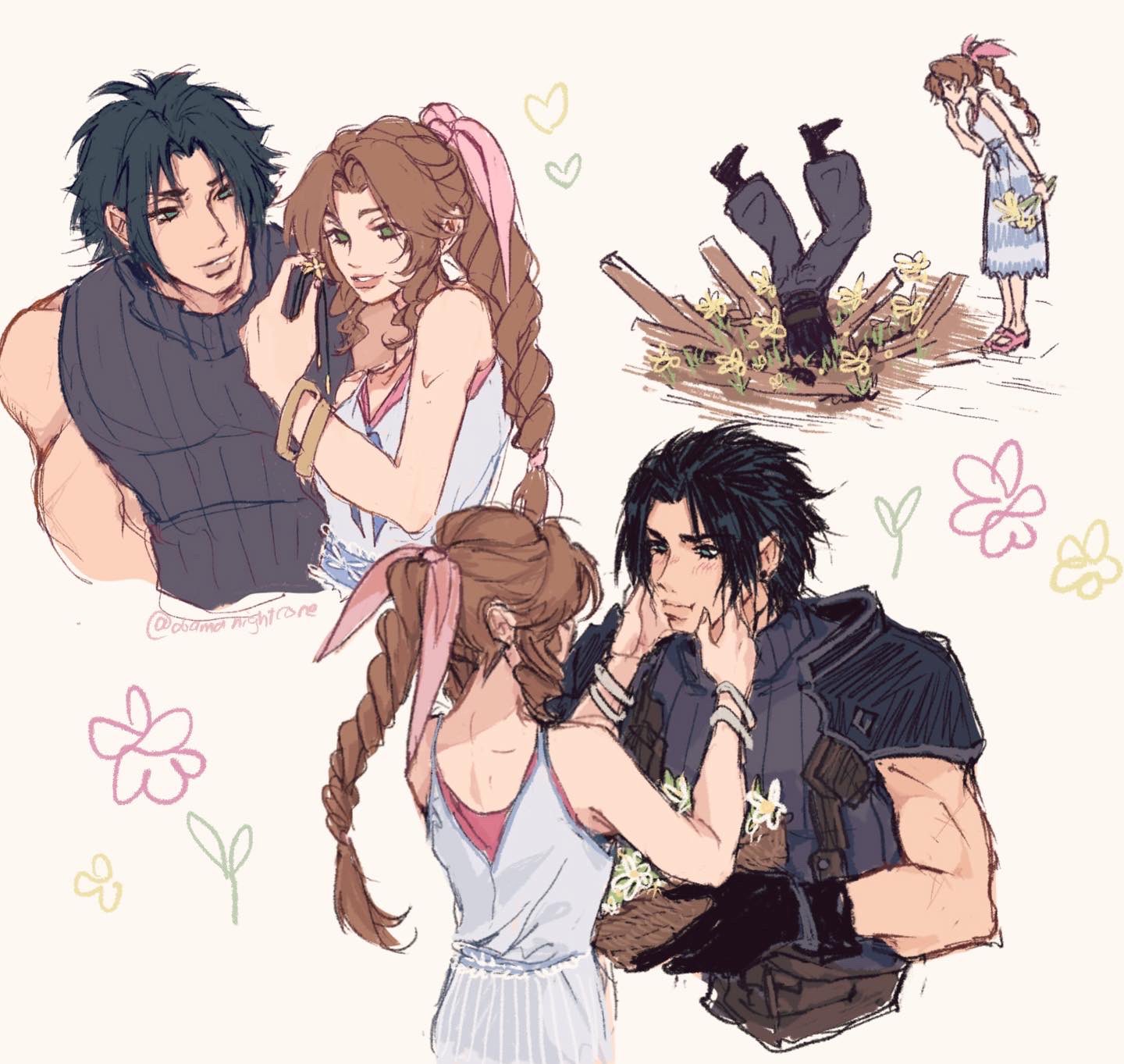 1boy 1girl aerith_gainsborough black_sweater blue_dress blue_eyes bracelet braid brown_pants couple dress final_fantasy final_fantasy_vii final_fantasy_vii_remake flower grey_pants ground_shatter hair_behind_ear hair_ribbon hands_on_another's_cheeks hands_on_another's_face hetero hi_(fruberry01) highres holding holding_another's_arm holding_flower jewelry leaning_forward looking_at_another pants parted_lips pink_ribbon ribbon sleeveless sleeveless_sweater smile sweater turtleneck turtleneck_sweater white_dress yellow_flower zack_fair