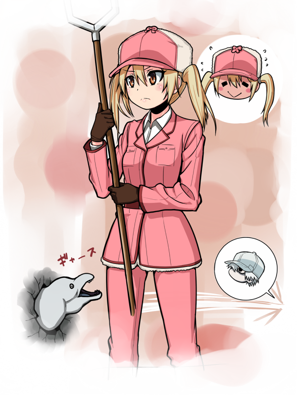 1girl anisakis_(hataraku_saibou) blonde_hair blush blush_stickers breast_pocket breasts brown_eyes brown_gloves chibi chibi_inset closed_eyes closed_mouth commentary dl2go dress_shirt eel eosinophil_(hataraku_saibou) feet_out_of_frame flying_sweatdrops frown full-face_blush fur-trimmed_headwear fur_hat gloves hair_between_eyes hair_tie hat hataraku_saibou holding holding_weapon jacket long_hair moray_eel pants pink_background pink_headwear pink_jacket pink_pants pocket sasumata shirt small_breasts smile solo standing twintails two-handed u-1146 ushanka v-shaped_eyebrows weapon white_blood_cell_(hataraku_saibou) white_shirt