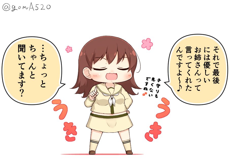 1girl brown_hair chibi closed_eyes commentary_request full_body goma_(yoku_yatta_hou_jane) hand_on_own_hip index_finger_raised kantai_collection long_hair neckerchief ooi_(kancolle) ooi_kai_ni_(kancolle) open_mouth school_uniform serafuku shirt simple_background smile solo standing translation_request twitter_username wavy_mouth white_background white_neckerchief yellow_serafuku yellow_shirt