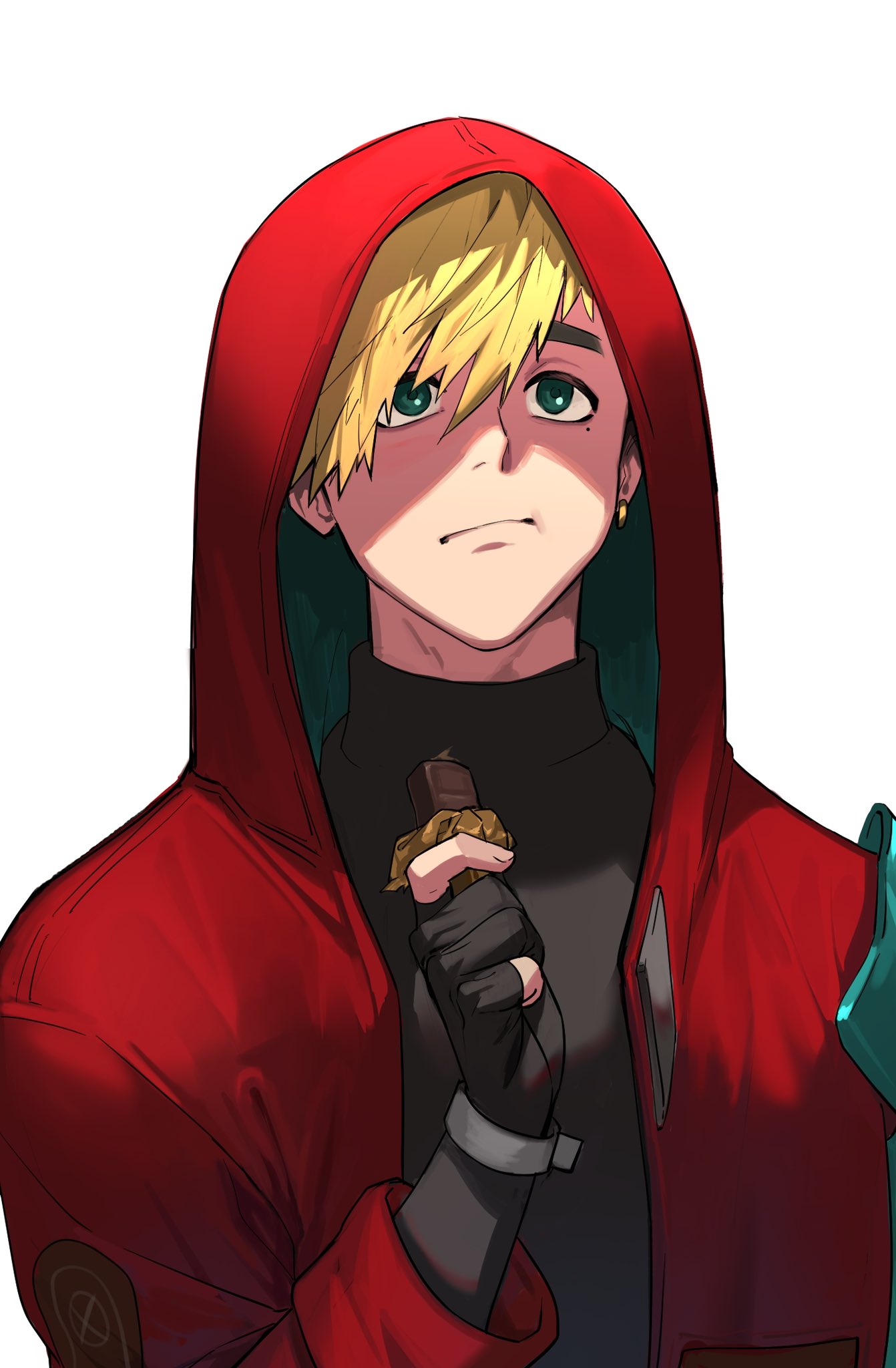 1boy black_gloves black_shirt blonde_hair blue_eyes chewing chocolate closed_mouth earrings fingerless_gloves food gaeha_is gloves hand_up highres holding holding_food hood hood_up jacket jewelry long_sleeves looking_away male_focus mole mole_under_eye red_jacket shirt short_hair simple_background single_earring solo trigun trigun_stampede upper_body vash_the_stampede white_background