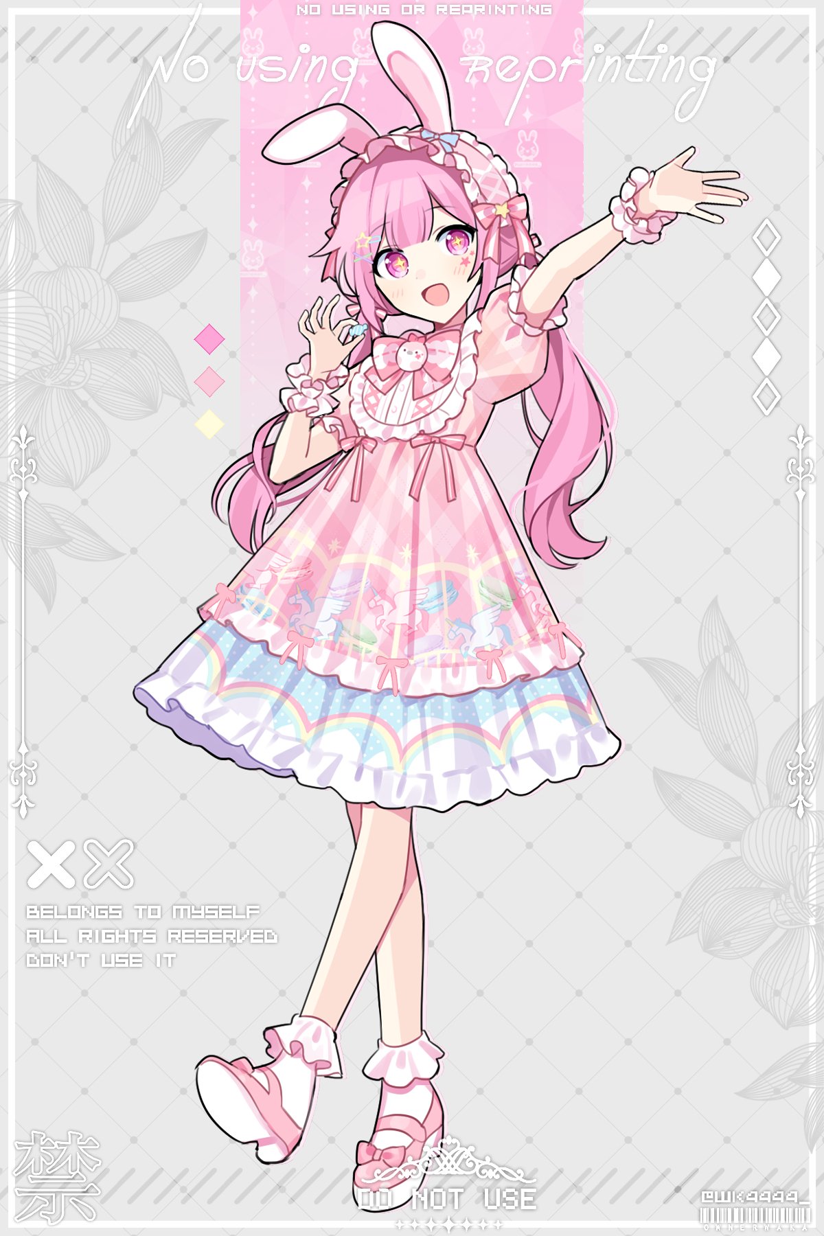 1girl :d animal_ears bow bowtie dress fake_animal_ears frilled_dress frilled_sleeves frills hairband highres lolita_fashion lolita_hairband looking_at_viewer low_twintails ootori_emu open_mouth pink_bow pink_bowtie pink_dress pink_eyes pink_footwear pink_hair project_sekai puffy_short_sleeves puffy_sleeves rabbit_ears rainbow_print shoes short_sleeves smile socks solo twintails unicorn_print waka_(wk4444) white_socks wrist_cuffs