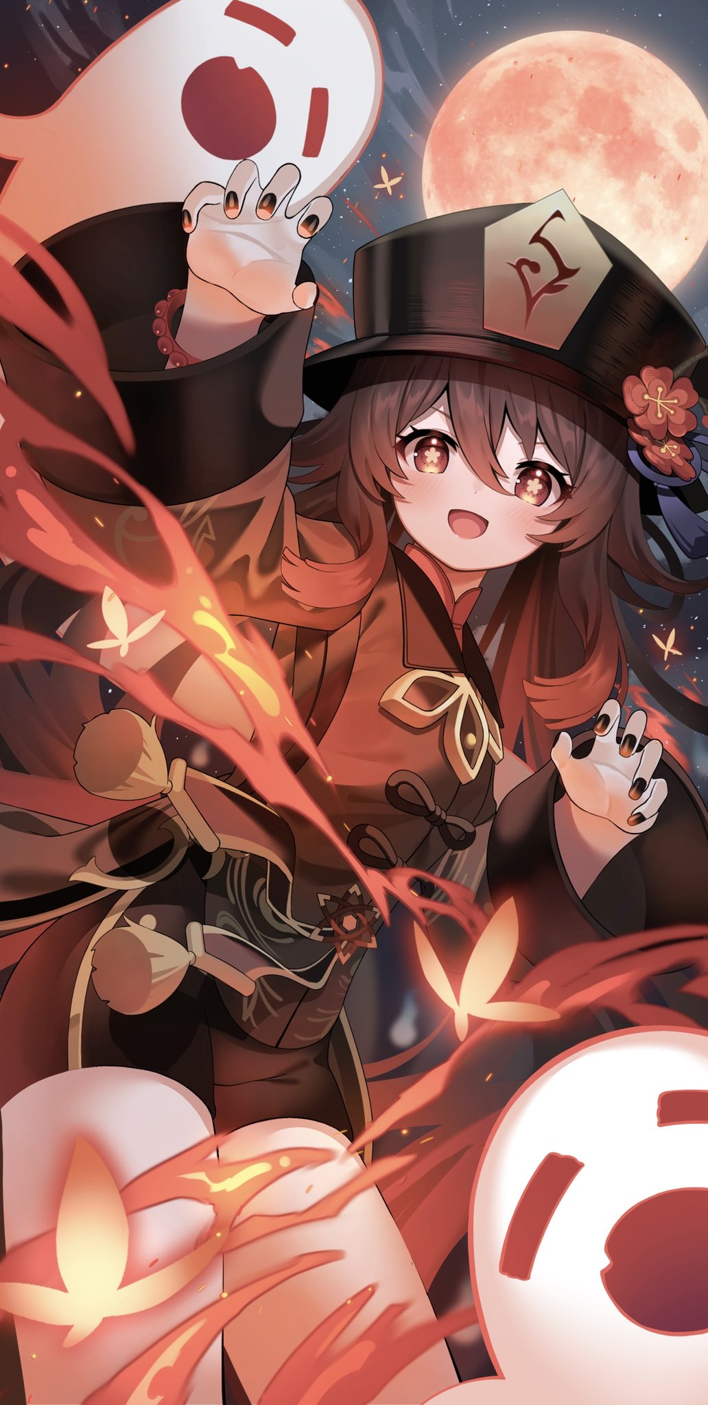 1girl black_bow black_headwear black_nails black_shorts black_sky blush boo_tao_(genshin_impact) bow bracelet branch brown_coat brown_hair closed_eyes clouds cloudy_sky coat collared_coat fingernails flower flower-shaped_pupils flying full_moon genshin_impact ghost gradient_hair hair_between_eyes hands_up hat hat_flower hat_ornament hat_ribbon highres hu_tao_(genshin_impact) jewelry long_fingernails long_hair long_sleeves looking_at_viewer mandarin_collar moon multicolored_hair nail_polish night night_sky open_mouth outdoors purple_ribbon red_eyes red_flower red_moon red_shirt redhead ribbon shirt short_shorts shorts sidelocks sky smile solo standing star_(sky) starry_sky symbol-shaped_pupils tassel tassel_hat_ornament twintails wide_sleeves wing_collar yuujin_(yuzinn333)