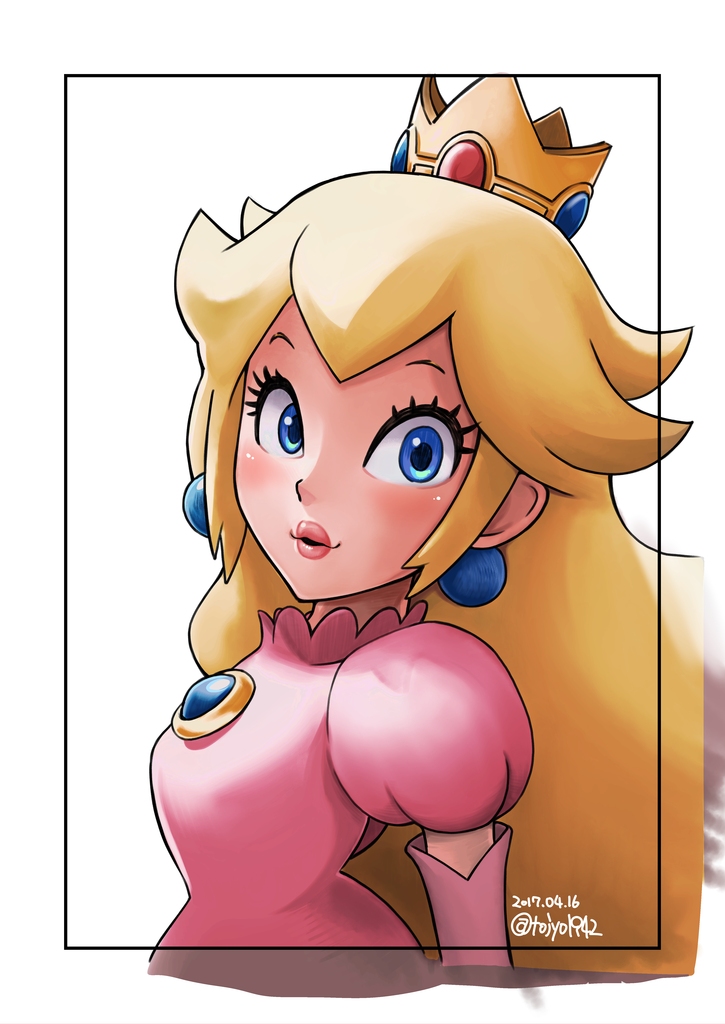 1girl aku_tojyo blonde_hair blue_eyes blush border brooch crown dated dress earrings elbow_gloves gloves jewelry lipstick long_hair makeup parted_lips pink_dress princess princess_peach puffy_short_sleeves puffy_sleeves short_sleeves signature solo super_mario_bros. unfinished very_long_hair white_background