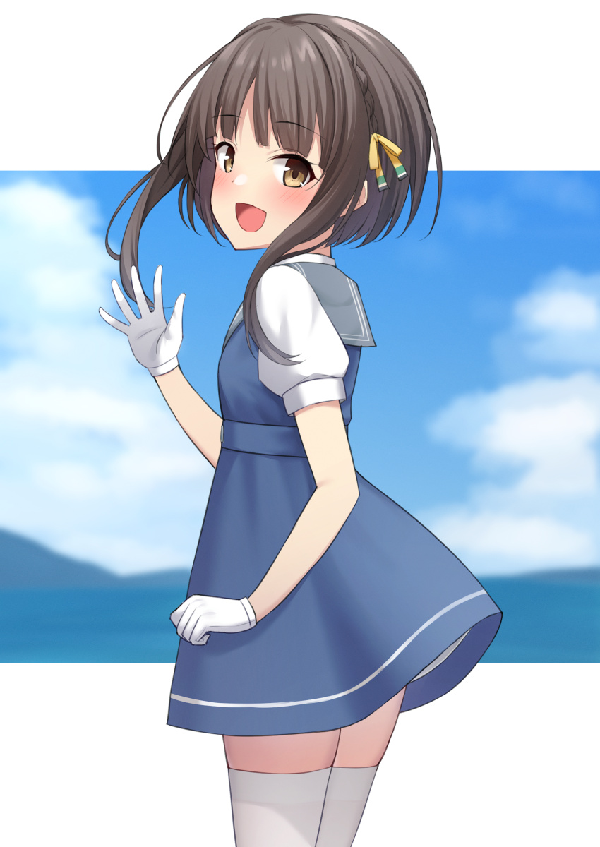 1girl :d akahi242 black_hair blue_dress blue_sailor_collar blue_sky blush brown_eyes clouds day dress gloves hair_ribbon highres kantai_collection letterboxed looking_at_viewer looking_to_the_side open_mouth outdoors ribbon sailor_collar shirt short_hair short_sleeves sidelocks sky smile solo standing thigh-highs ukuru_(kancolle) waving white_gloves white_shirt white_thighhighs