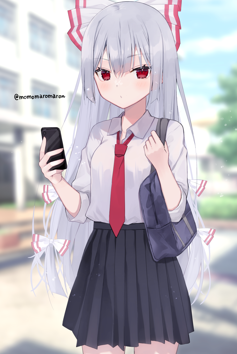 1girl alternate_costume bag black_skirt blurry blurry_background blush bow cellphone closed_mouth collared_shirt commentary_request cowboy_shot fujiwara_no_mokou grey_hair hair_bow highres holding holding_phone long_hair looking_at_viewer momomaron necktie outdoors phone pleated_skirt red_bow red_eyes red_necktie shirt shoulder_bag skirt sleeves_past_elbows smartphone solo touhou twitter_username very_long_hair white_bow white_shirt