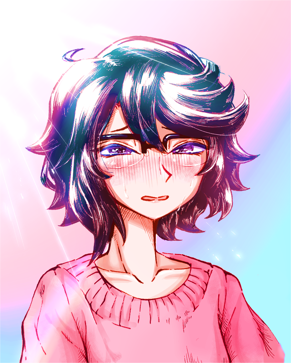 1girl aygoftenover black_hair blush collarbone crying glasses half-closed_eyes light looking_at_viewer momijiyama_teru multicolored_background open_mouth pink_sweater semi-rimless_eyewear short_hair shy_(series) solo sweater tears upper_body