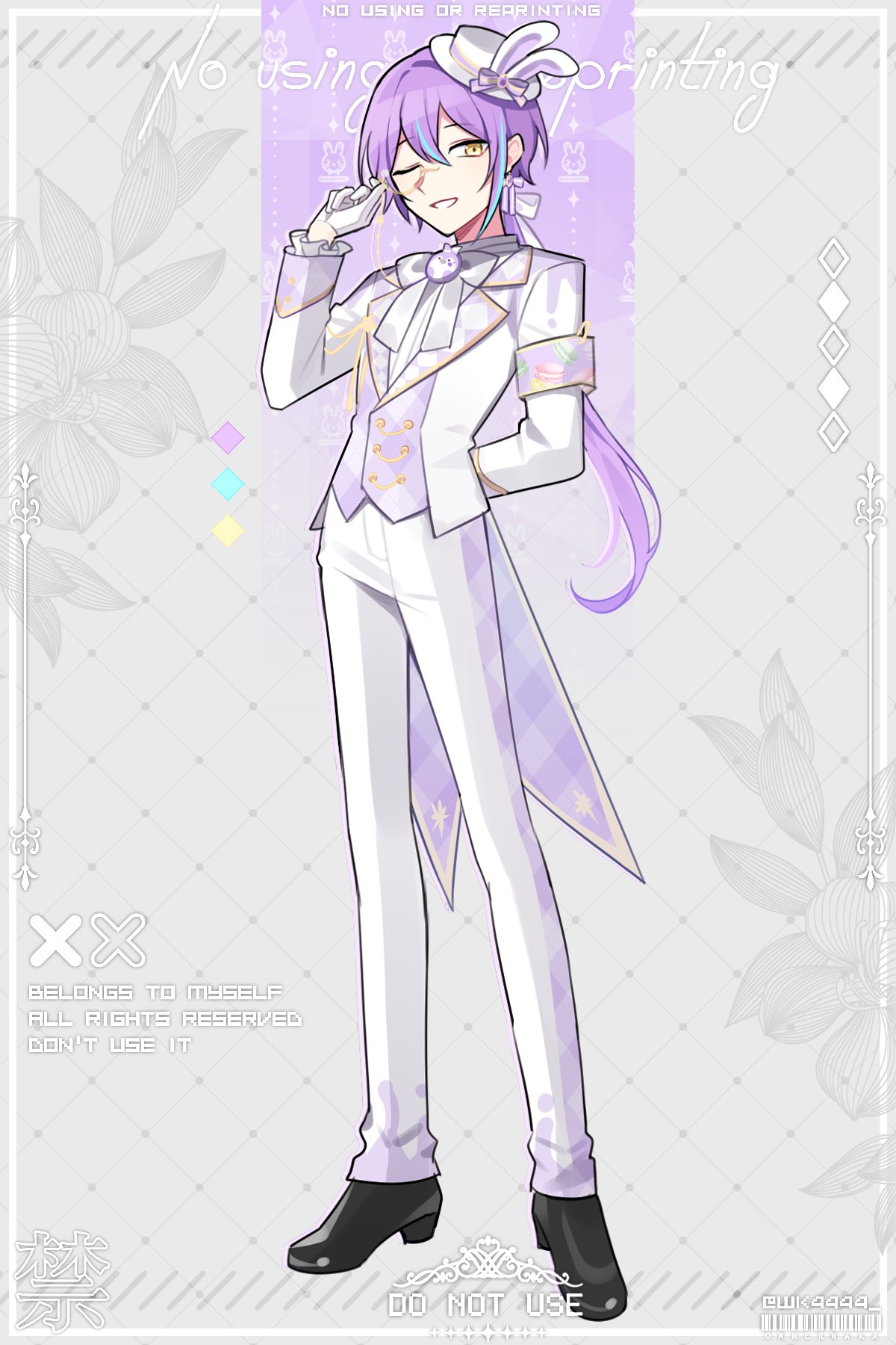 1boy alternate_hair_length alternate_hairstyle black_footwear bow buttons double-breasted formal full_body gloves grin hair_bow hat highres jacket kamishiro_rui looking_at_viewer low_ponytail male_focus mini_hat one_eye_closed pants project_sekai purple_hair ribbon shoes smile solo suit waka_(wk4444) white_armband white_bow white_gloves white_headwear white_jacket white_pants white_ribbon white_suit yellow_eyes