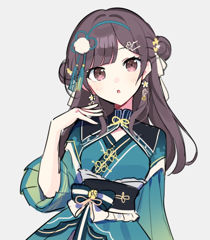 black_sash blue_bow blue_dress blue_hairband blush bow brown_eyes brown_hair chinese_clothes double_bun dress flower grey_background hair_bun hair_flower hair_ornament hairband hakunetsu!_kamikou_ouendan!_(project_sekai) long_hair long_sleeves looking_at_viewer official_alternate_hairstyle open_mouth pleated_sleeves pom_pom_(clothes) project_sekai ribbon sash shinonome_ena sidelocks simple_background tassel waka_(wk4444) white_flower white_ribbon yellow_flower yellow_ribbon