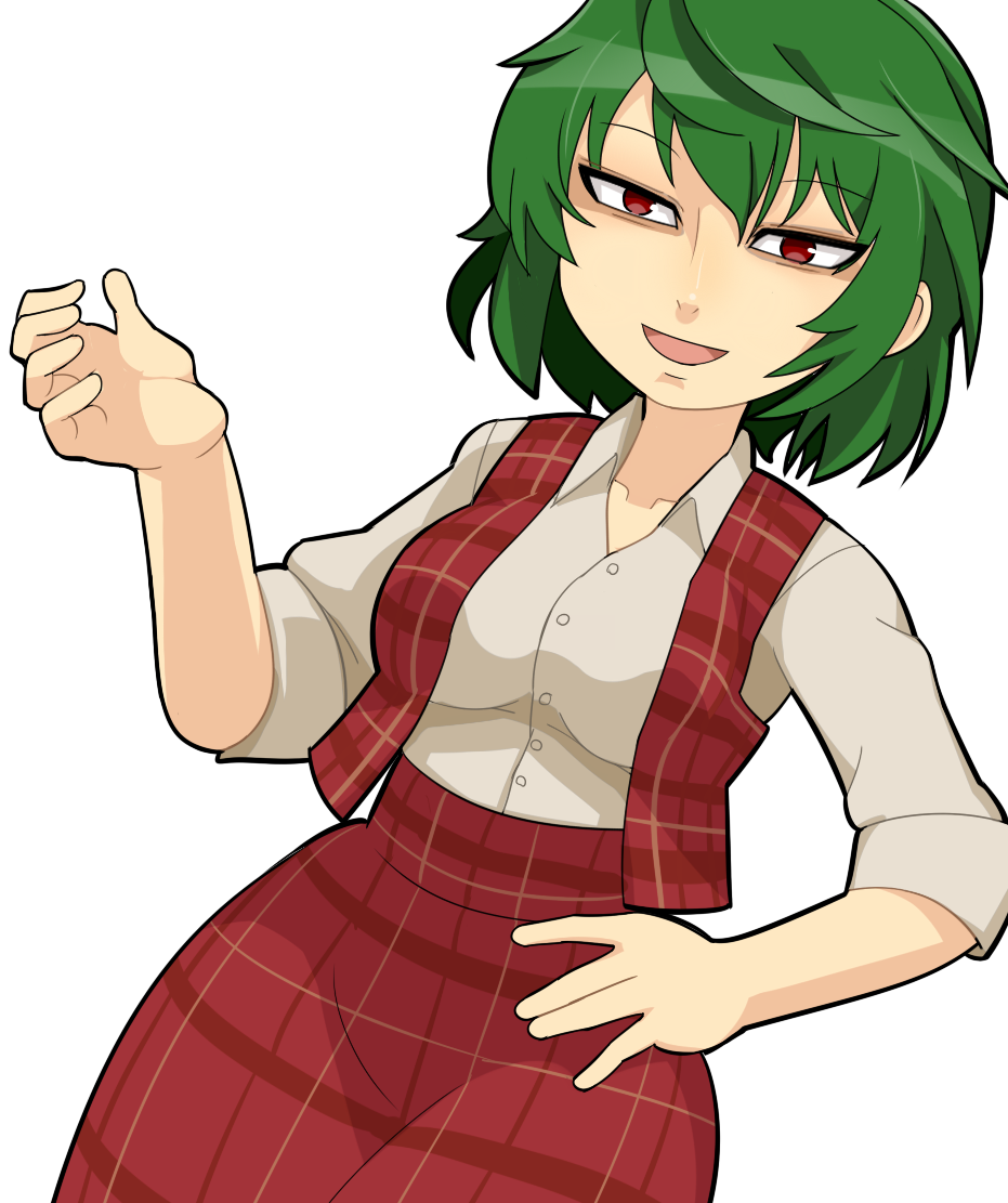 1girl akira_(cookie) breasts buttons commentary_request cookie_(touhou) cowboy_shot dutch_angle green_hair hair_between_eyes hospital_king kazami_yuuka large_breasts long_bangs looking_at_viewer open_mouth plaid plaid_skirt plaid_vest red_eyes red_skirt red_vest shirt short_hair short_sleeves simple_background skirt smile solo touhou vest white_background white_shirt
