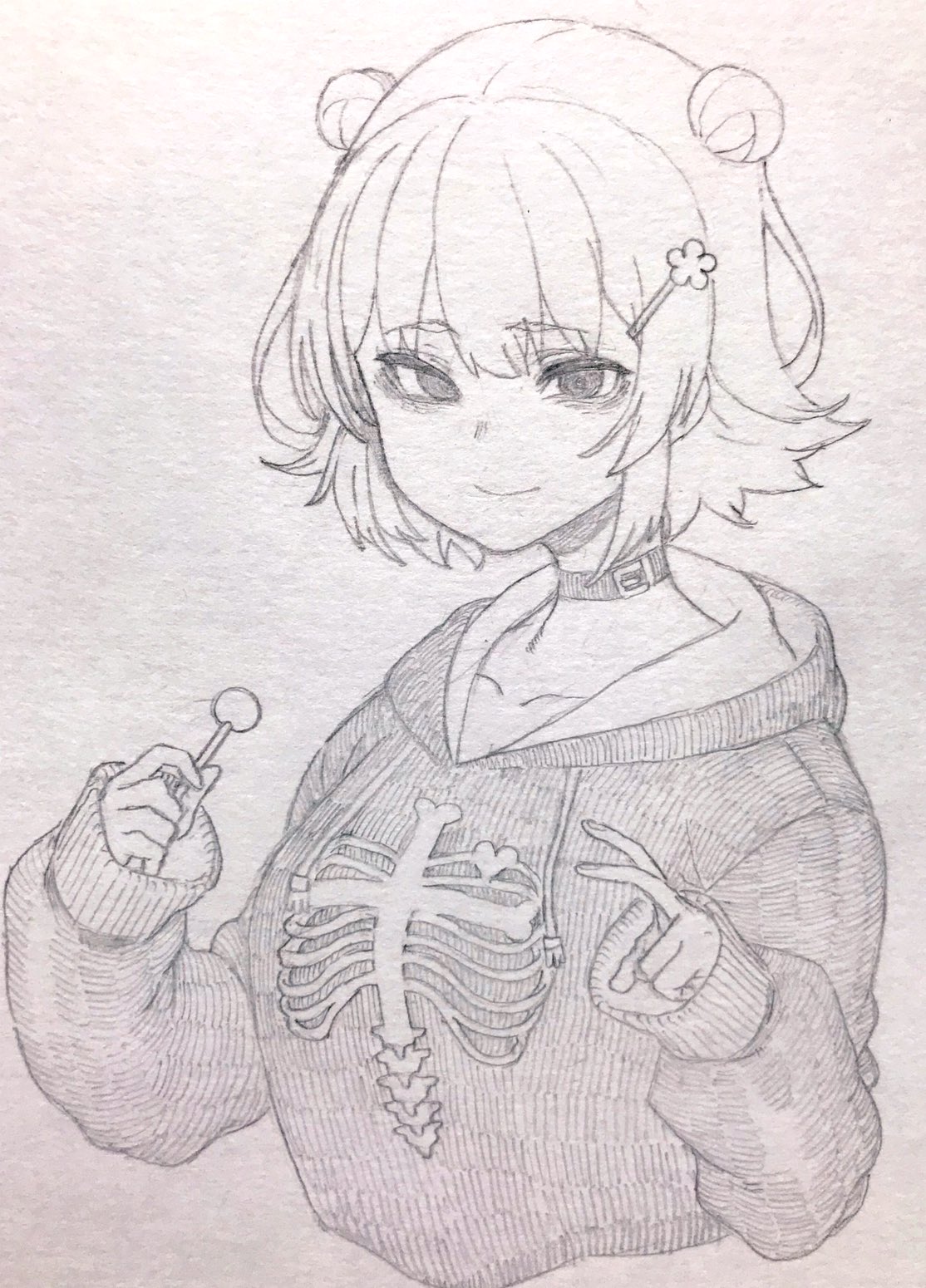 1girl bags_under_eyes belt_collar bent_v candy cevio closed_mouth collar collarbone commentary_request cropped_torso double_bun flipped_hair food graphite_(medium) greyscale hair_bun hair_ornament hairclip half-closed_eyes hands_up highres holding holding_candy holding_food holding_lollipop hood hoodie koharu_rikka lollipop long_sleeves looking_at_viewer monochrome print_hoodie short_hair simple_background skeleton_print smile solo synthesizer_v toriniku29 traditional_media