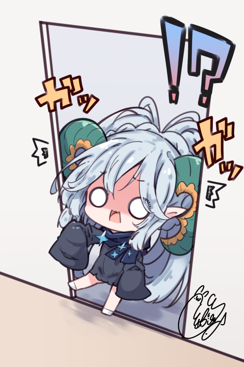 1girl ^^^ beni_shake black_dress blue_scarf commentary_request doorway dress fate/grand_order fate_(series) grey_hair highres horns larva_tiamat_(fate) long_hair long_sleeves o_o open_mouth partial_commentary scarf shaded_face shoes signature sleeves_past_fingers sleeves_past_wrists solo surprised tiamat_(fate) translated very_long_hair wavy_mouth white_footwear
