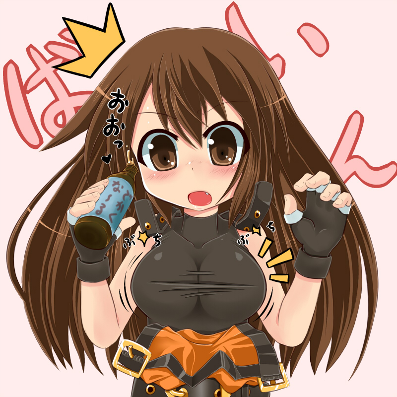 bad_id blush breast_expansion breasts brown_eyes brown_hair buckle buckles fang fingerless_gloves gloves guilty_gear long_hair may may_(guilty_gear) open_mouth ponkotsu potion strap surprised taut_shirt translated wardrobe_malfunction