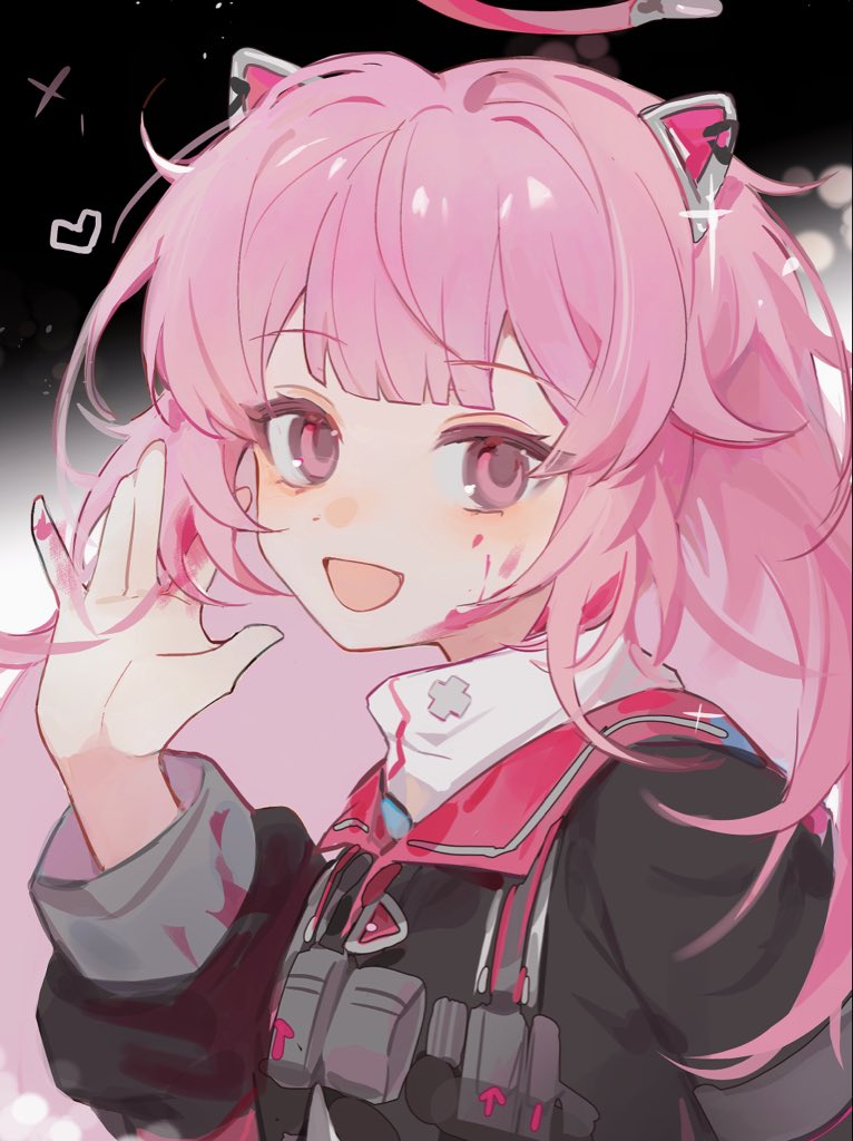 1girl black_jacket blood blood_on_clothes blood_on_face close_game/offline_(project_sekai) dress halo heart hisakawa_sora jacket long_hair long_sleeves looking_at_viewer mechanical_ears mechanical_halo official_alternate_costume official_alternate_hairstyle ootori_emu open_mouth pink_blood pink_eyes pink_hair pouch project_sekai sidelocks smile solo sparkle very_long_hair waving white_dress
