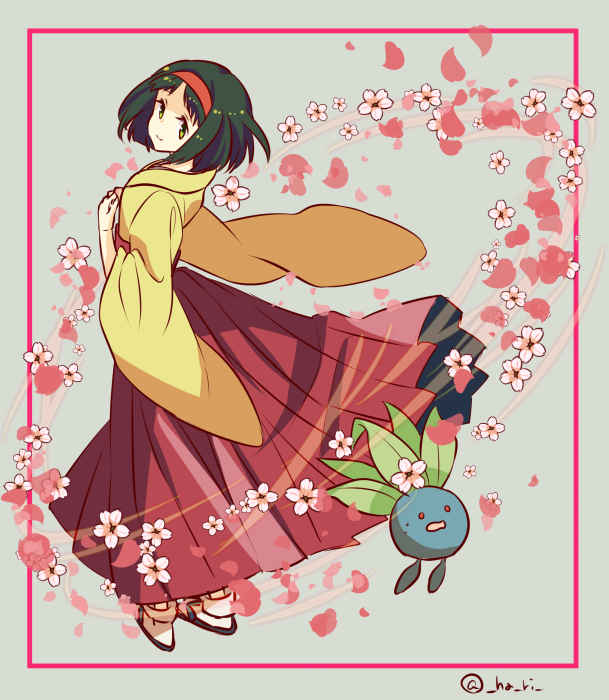 1girl black_hair erika_(pokemon) flower full_body hairband hari611 japanese_clothes kimono long_sleeves looking_at_viewer looking_back oddish petals pokemon pokemon_(creature) pokemon_(game) pokemon_frlg red_hairband short_hair smile wide_sleeves