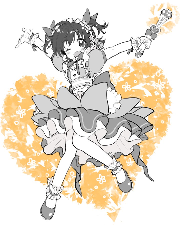 1girl akagi_miria amezawa_koma ankle_cuffs arms_up blush dress frilled_hairband frills full_body greyscale_with_colored_background hair_ribbon hairband heart holding holding_wand idolmaster idolmaster_cinderella_girls looking_at_viewer magical_girl one_eye_closed open_mouth puffy_short_sleeves puffy_sleeves ribbon short_hair short_sleeves sketch smile solo two_side_up wand wrist_cuffs