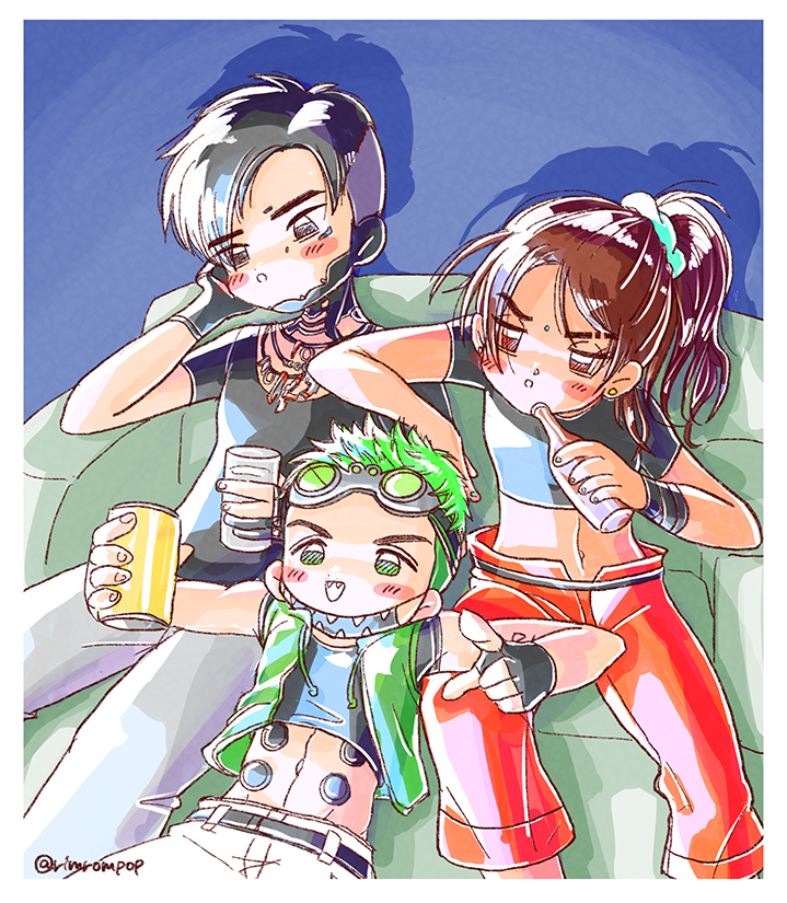 abs annoyed apex_legends arm_wrap belt black_eyes black_hair black_shirt blush_stickers brown_eyes brown_hair crop_top crypto_(apex_legends) dark-skinned_female dark_skin drink earrings eyebrow_cut facial_mark fingerless_gloves forehead_mark frustrated gloves goggles goggles_on_head green_eyes green_hair hair_ornament hair_scrunchie high_side_ponytail jewelry leaning_on_person mask mouth_mask muni_ni_mu navel necklace nose_piercing octane_(apex_legends) orange_pants pants piercing pointing rampart_(apex_legends) scrunchie shadow shirt simple_background sitting smile undercut vest watching_television white_pants
