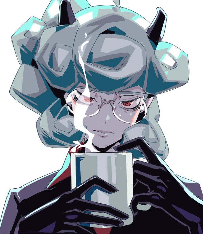 1girl black_gloves closed_mouth cup curly_hair demon demon_girl demon_horns donuttypd glasses gloves grey_hair helltaker holding holding_cup horns looking_ahead pandemonica_(helltaker) red_eyes steam white_background