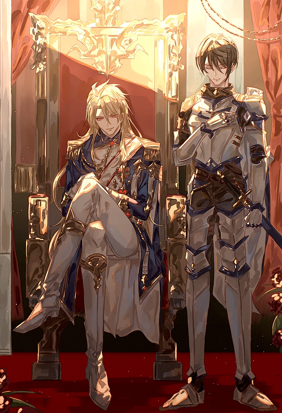 2boys aglovale_(granblue_fantasy) aiguillette armored_boots belt black_belt black_pants blonde_hair blue_cape blue_coat boots brown_hair cape carpet closed_eyes coat crossed_legs cuirass curtains epaulettes facing_viewer full_body gauntlets gloves granblue_fantasy hair_between_eyes hand_on_own_chest highres light_particles long_hair looking_at_viewer male_focus medal multiple_boys muramitsu_(d3jgv) own_hands_together pants red_eyes sash sheath sheathed short_hair shoulder_sash sitting smile standing sword throne tor_(granblue_fantasy) two-sided_cape two-sided_fabric weapon white_footwear white_gloves white_pants