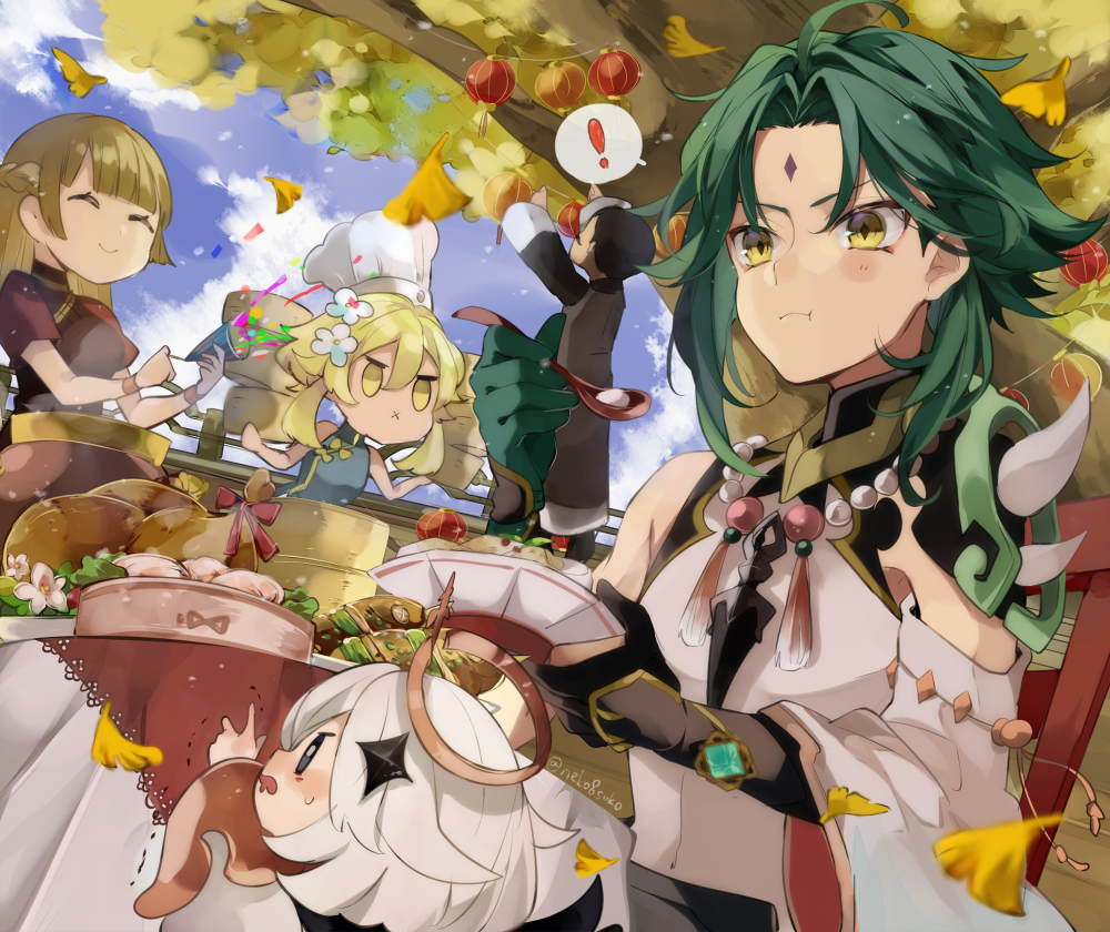 ! 2boys 3girls ahoge alternate_costume arm_up armor artist_name bare_shoulders black_gloves black_hair black_pants black_shirt blonde_hair blue_dress blue_eyes blue_gemstone blue_sky blush boots bow bowl breasts brown_coat brown_footwear buttons chair chicken_(food) closed_mouth clouds cloudy_sky coat crystal_hair_ornament detached_sleeves dress facial_mark flower food forehead_mark fur-trimmed_sleeves fur_trim gem genshin_impact gloves gold_trim green_hair hair_between_eyes hair_flower hair_ornament halo hand_up hands_up hat holding holding_plate holding_tray jewelry leaf light_brown_hair long_hair long_sleeves looking_at_another looking_down looking_to_the_side looking_up lumine_(genshin_impact) mandarin_collar mechanical_halo medium_breasts multiple_boys multiple_girls naruka_(ynarukay) necklace open_mouth outdoors paimon_(genshin_impact) pants parted_bangs pearl_necklace pink_bow plate puffy_long_sleeves puffy_sleeves red_dress shirt short_hair short_hair_with_long_locks short_sleeves shoulder_armor sidelocks single_bare_shoulder single_detached_sleeve sitting sky sleeveless sleeveless_dress sleeveless_shirt smile speech_bubble standing steam sweat sweatdrop table tassel tray tree v-shaped_eyebrows vision_(genshin_impact) walking white_dress white_flower white_hair white_headwear white_shirt wide_sleeves xiao_(genshin_impact) yellow_bow yellow_eyes