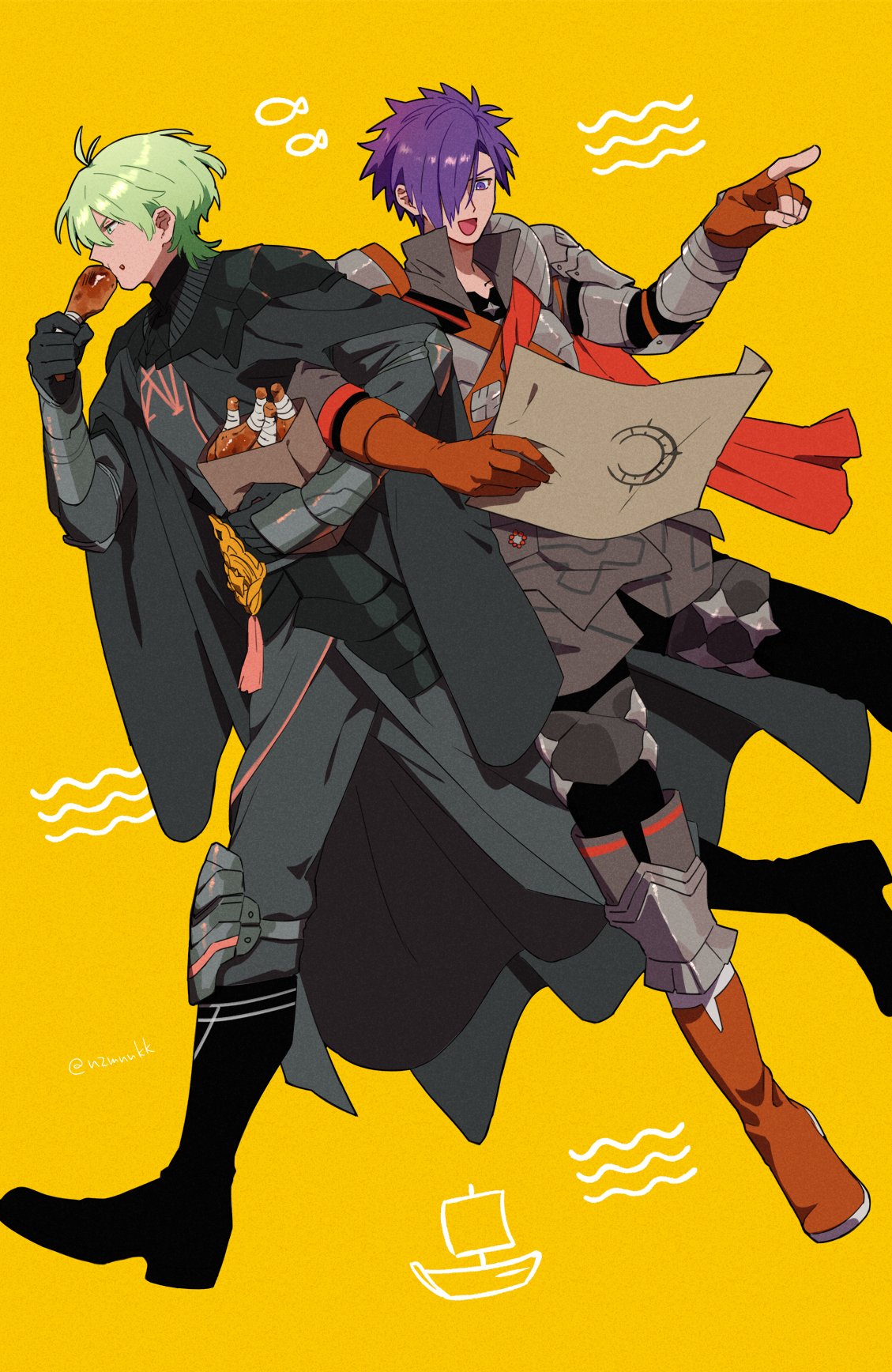 2boys armor bag black_armor black_cape black_footwear black_gloves boots byleth_(fire_emblem) byleth_(male)_(fire_emblem) cape commentary_request eating enlightened_byleth_(male) fingerless_gloves fire_emblem fire_emblem:_three_houses fire_emblem_warriors:_three_hopes food food_in_mouth gloves green_eyes green_hair hair_over_one_eye highres holding holding_food holding_map index_finger_raised locked_arms male_focus map multiple_boys nzmnnkk one_eye_covered open_mouth orange_footwear orange_gloves paper_bag pointing profile purple_hair shez_(fire_emblem) shez_(male)_(fire_emblem) short_hair shoulder_armor simple_background single_fingerless_glove single_glove smile violet_eyes yellow_background