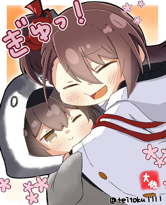 2girls :d ;) ^_^ alternate_costume animal_costume azur_lane black_hair brown_hair closed_eyes commentary_request crossover flower hair_between_eyes hair_flower hair_ornament hug japanese_clothes kaga_(kancolle) kantai_collection long_hair long_sleeves multiple_girls one_eye_closed penguin_costume ribbon-trimmed_sleeves ribbon_trim side_ponytail sidelocks signature simple_background smile taisa_(kari) translation_request twitter_username wide_sleeves zuikaku_(azur_lane)