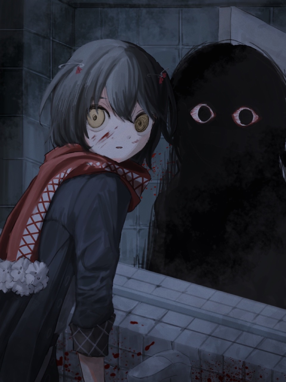 1boy 1other @_@ androgynous bathroom black_coat black_eyes black_hair blood blood_on_face bloodshot_eyes coat faucet hair_between_eyes hair_ornament hairpin highres horror_(theme) leaning_forward long_sleeves looking_at_viewer looking_back mashiro_(nijisanji) mirror monster nemui_(nr4jk) nijisanji open_mouth red_scarf reflection scarf shaded_face shadow short_hair silhouette sleeves_pushed_up solid_circle_pupils tile_floor tiles virtual_youtuber wall wide-eyed yellow_eyes