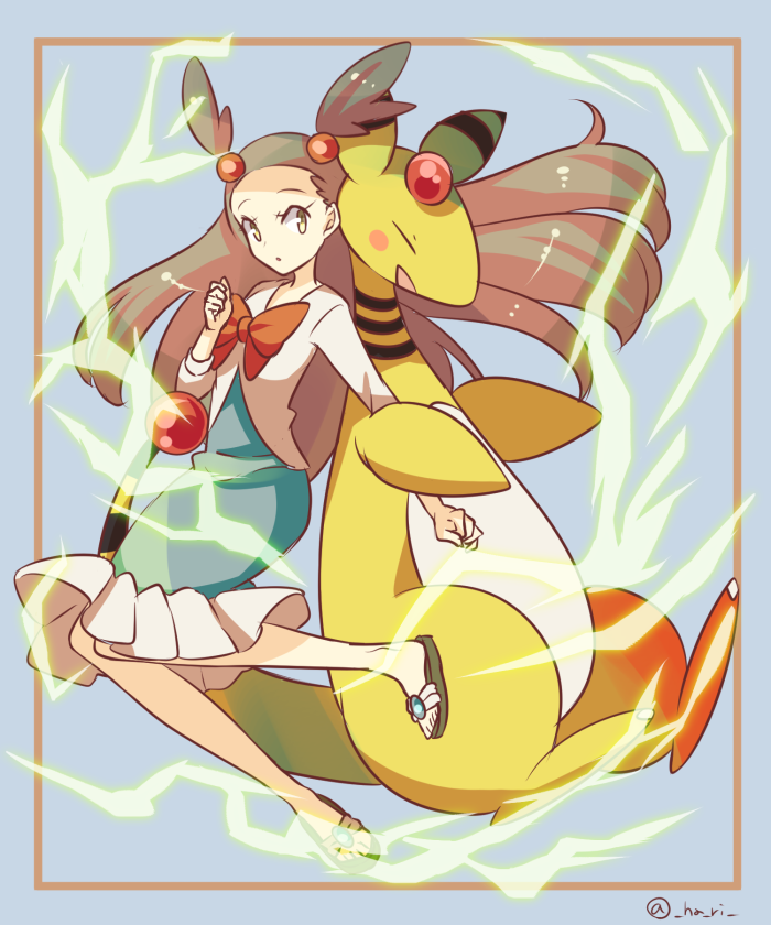 1girl ampharos bow brown_hair dress electricity full_body green_dress hari611 jacket jasmine_(pokemon) long_hair looking_to_the_side parted_lips pokemon pokemon_(creature) pokemon_(game) pokemon_hgss red_bow sleeves_past_elbows white_jacket
