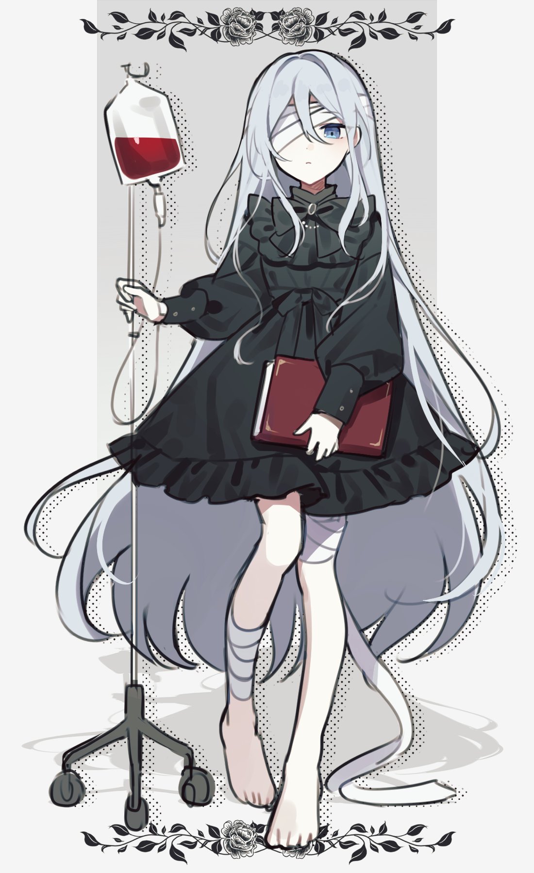 1girl bandage_over_one_eye bandaged_leg bandages barefoot black_bow black_bowtie black_dress blue_eyes book bow bowtie closed_mouth dress expressionless frilled_dress frills full_body grey_hair hair_between_eyes highres holding holding_book intravenous_drip long_sleeves looking_at_viewer project_sekai puffy_long_sleeves puffy_sleeves solo waka_(wk4444) yoisaki_kanade