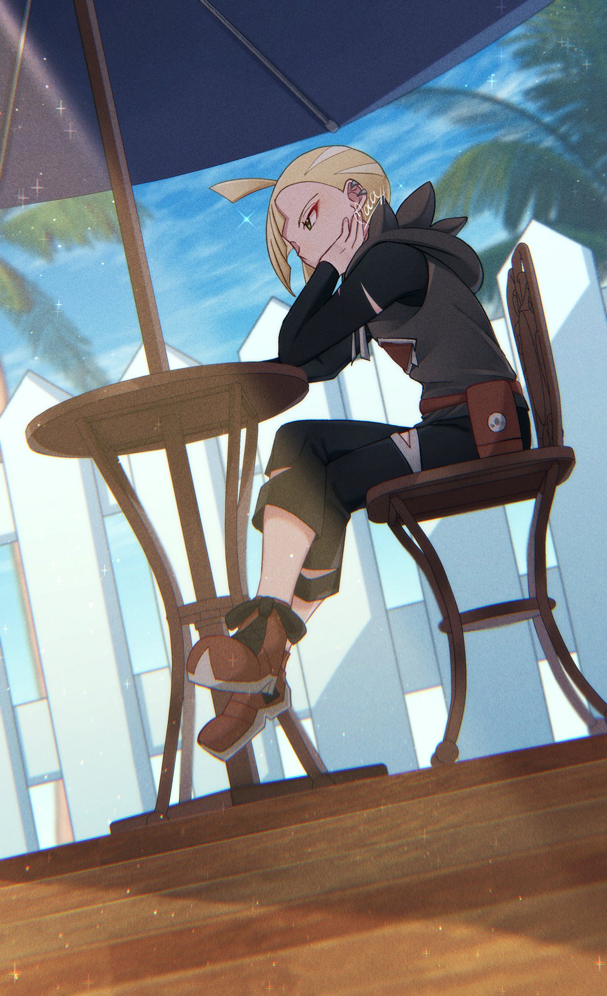 1boy ahoge black_pants black_shirt blonde_hair chair commentary_request crossed_legs day ear_piercing fanny_pack fence from_below gladion_(pokemon) grey_vest head_rest highres hood hooded_vest hoodie male_focus mocacoffee_1001 outdoors pants piercing pokemon pokemon_(game) pokemon_sm red_bag red_footwear shirt shoes short_hair signature sitting sky solo sparkle table torn_clothes torn_pants torn_shirt vest wooden_floor