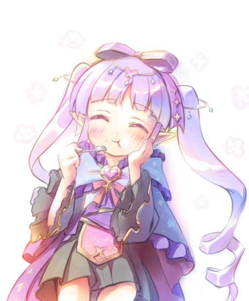 1girl :t blush brooch closed_eyes cowboy_shot eating elf fork hair_ribbon hand_on_own_cheek hand_on_own_face holding holding_fork japanese_clothes jewelry kawaseki kimono kyouka_(princess_connect!) long_hair pointy_ears princess_connect! purple_hair purple_kimono ribbon simple_background sketch smile solo twintails white_background wide_sleeves