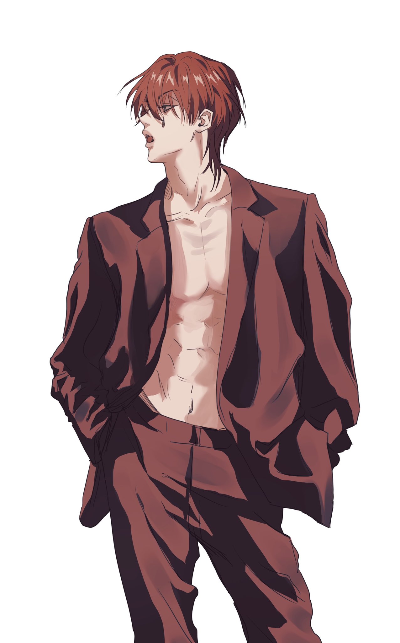 1boy abs cowboy_shot facepaint formal hair_between_eyes hands_in_pockets highres hisoka_morow hunter_x_hunter looking_to_the_side m833068161 male_focus no_shirt pants profile red_pants red_suit redhead short_hair simple_background solo straight-on suit teardrop_facial_mark teardrop_tattoo white_background