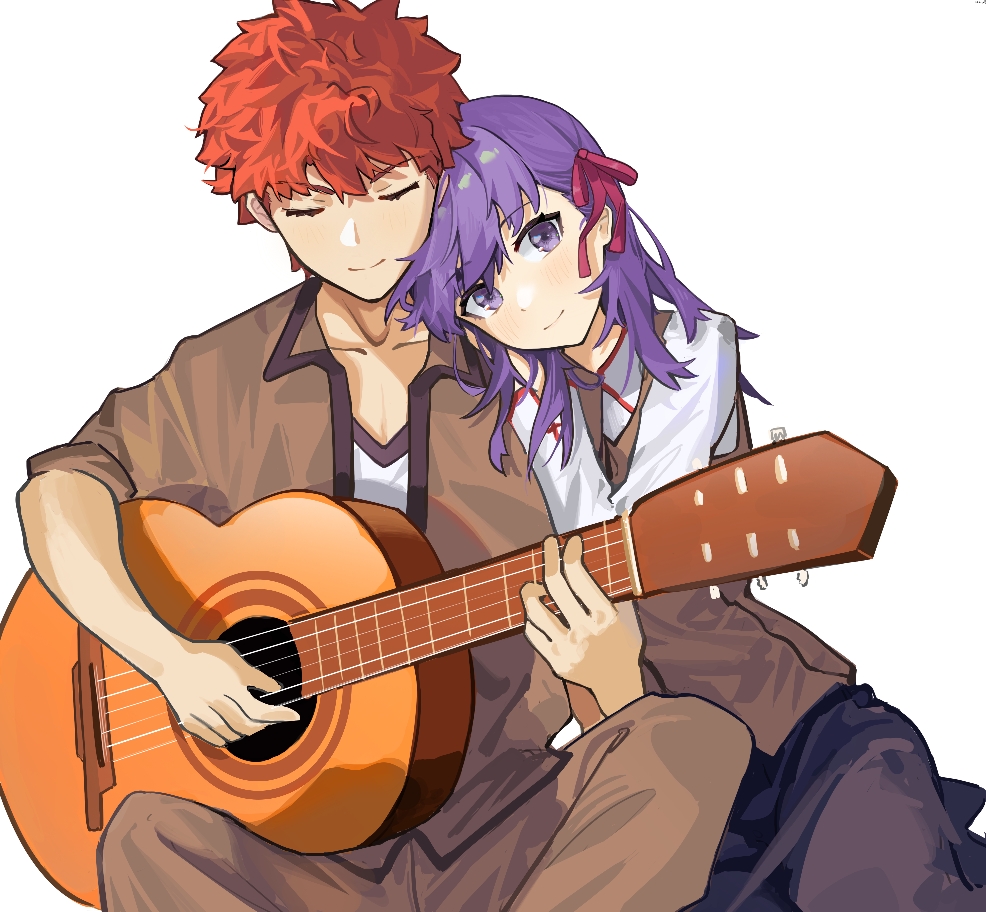 1boy 1girl brown_vest closed_eyes emiya_shirou fate/stay_night fate_(series) guitar hair_ribbon head_on_another's_shoulder holding holding_instrument homurahara_academy_school_uniform instrument long_hair long_sleeves matou_sakura music orange_hair playing_instrument purple_hair red_ribbon ribbon school_uniform shirt short_hair simple_background smile user_cekp8748 vest violet_eyes white_background white_shirt