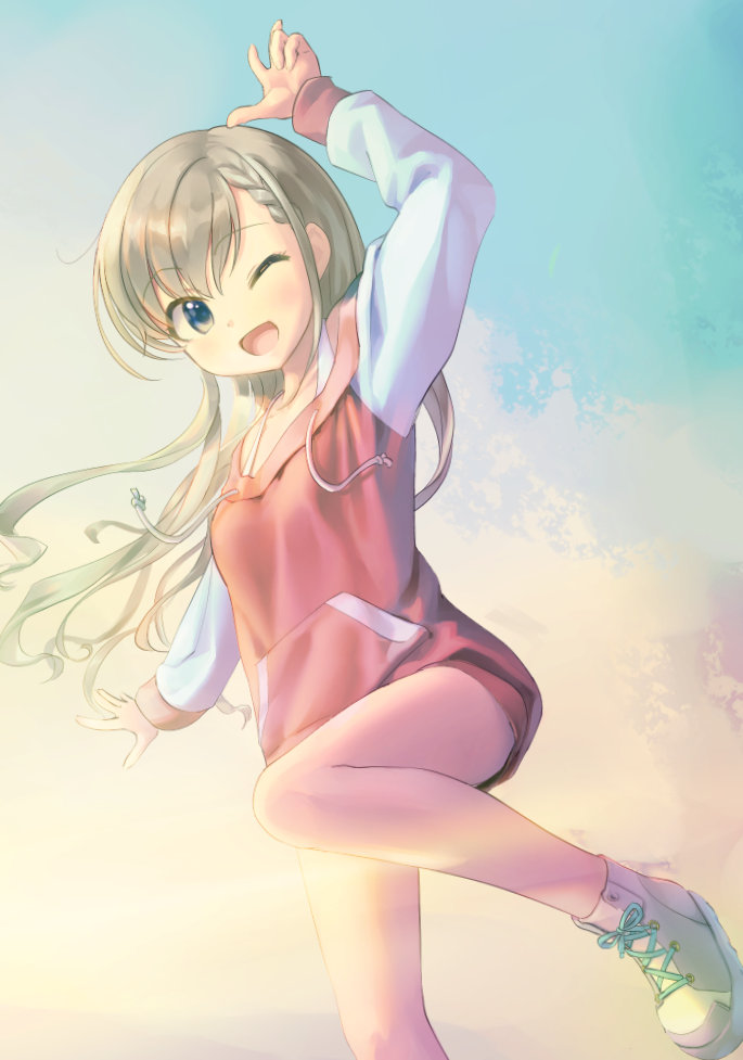 1girl arm_up bare_legs blue_eyes blue_sky braid braided_bangs drawstring dress floating_hair grey_hair hisakawa_hayate hood hoodie idolmaster idolmaster_cinderella_girls kawaseki long_hair looking_at_viewer one_eye_closed open_mouth outdoors shoes sky smile sneakers solo sunlight sunrise sweater sweater_dress