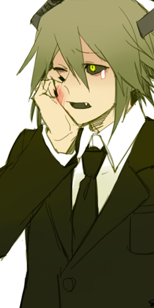 1boy black_nails black_necktie black_suit collared_shirt crying crying_with_eyes_open facing_to_the_side formal green_eyes hand_on_own_chest kuroko_mikura light_green_hair long_sleeves looking_ahead male_focus necktie one_eye_closed open_mouth shirt solo suit sullivan_(sutare_yume) sutare_yume tears white_shirt