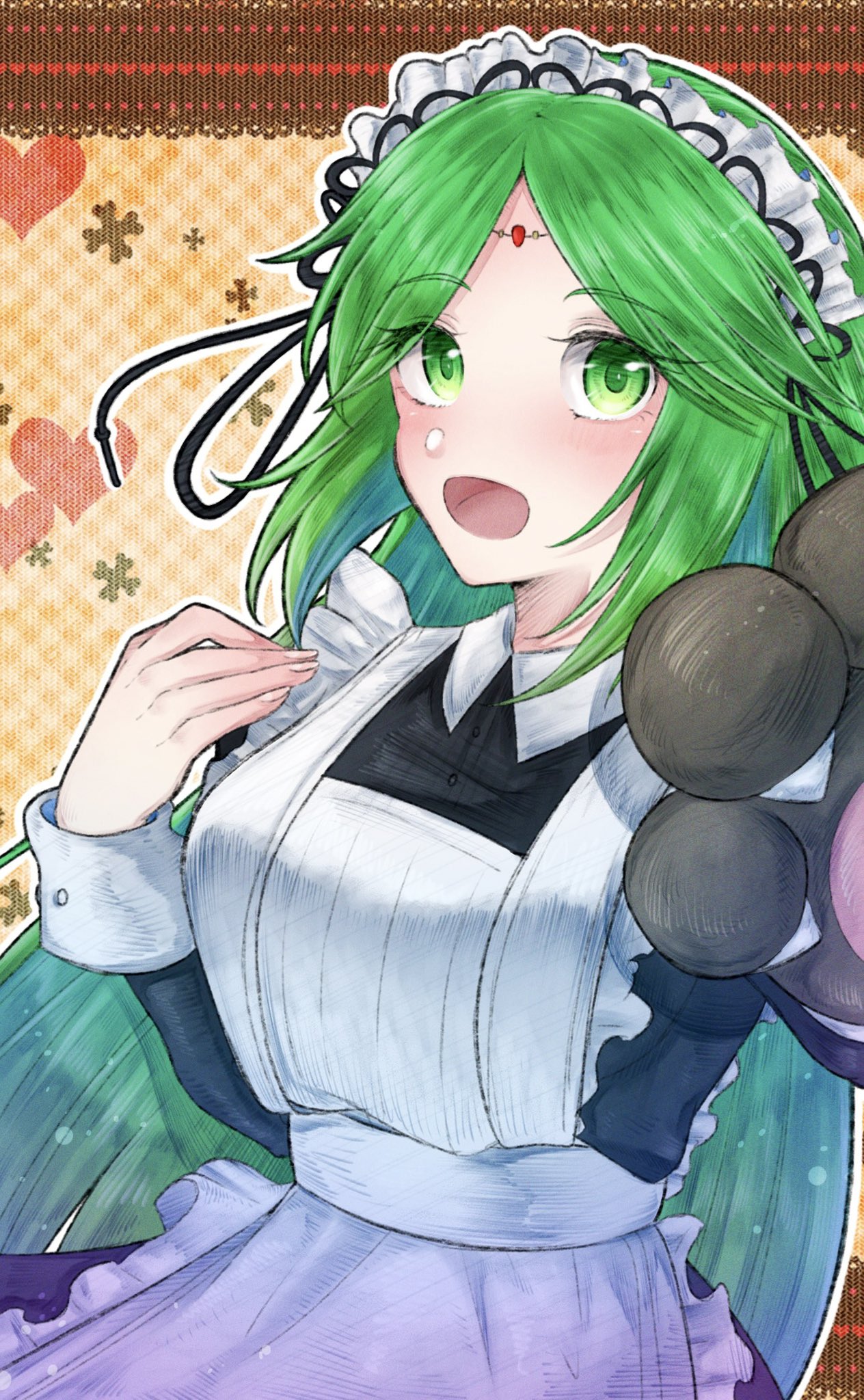 1girl animal_hands apron blush breasts forehead_jewel green_eyes green_hair heart highres kid_icarus kid_icarus_uprising long_hair looking_at_viewer maid maid_apron nemu_(ut_kakinotane) open_mouth palutena solo upper_body ut_kakinotane very_long_hair