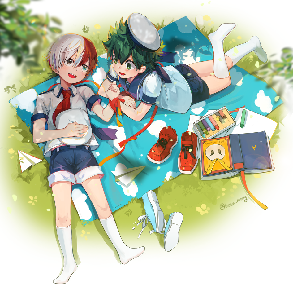 2boys :d aged_down all_might blanket blue_eyes blue_footwear blue_sailor_collar blue_shorts blurry blurry_foreground blush boku_no_hero_academia book bosack branch burn_scar character_name collared_shirt commentary crayon cross-laced_footwear fading freckles from_above full_body gradient_outline green_eyes green_hair grey_eyes hair_between_eyes happy hat hat_removed headwear_removed heterochromia holding_hands kneehighs leaf leg_up light looking_at_another looking_to_the_side lower_body lying male_child male_focus midoriya_izuku multicolored_hair multiple_boys necktie on_back on_ground on_stomach open_book open_mouth outdoors paper paper_airplane puffy_short_sleeves puffy_sleeves red_footwear red_necktie redhead ribbon round_teeth sailor_collar sailor_hat scar scar_on_face shade shadow shirt shoe_soles shoes shoes_removed short_hair short_sleeves shorts single_horizontal_stripe single_vertical_stripe sky_print sleeve_cuffs smile sneakers socks split-color_hair summer sunlight teeth todoroki_shouto turning_head twitter_username two-sided_fabric two-sided_ribbon two-tone_hair upper_body white_background white_hair white_socks wing_collar wrist_ribbon