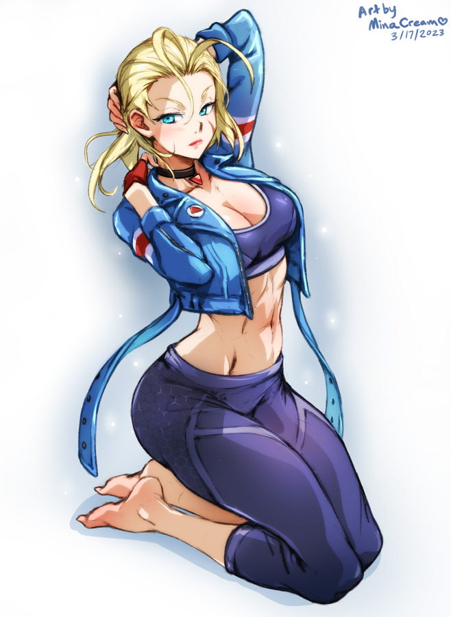 1girl ahoge artist_name barefoot blonde_hair blue_eyes blue_jacket blush breasts cammy_white choker dated fingerless_gloves gloves jacket looking_at_viewer medium_breasts mina_cream pants red_gloves scar signature street_fighter yoga_pants