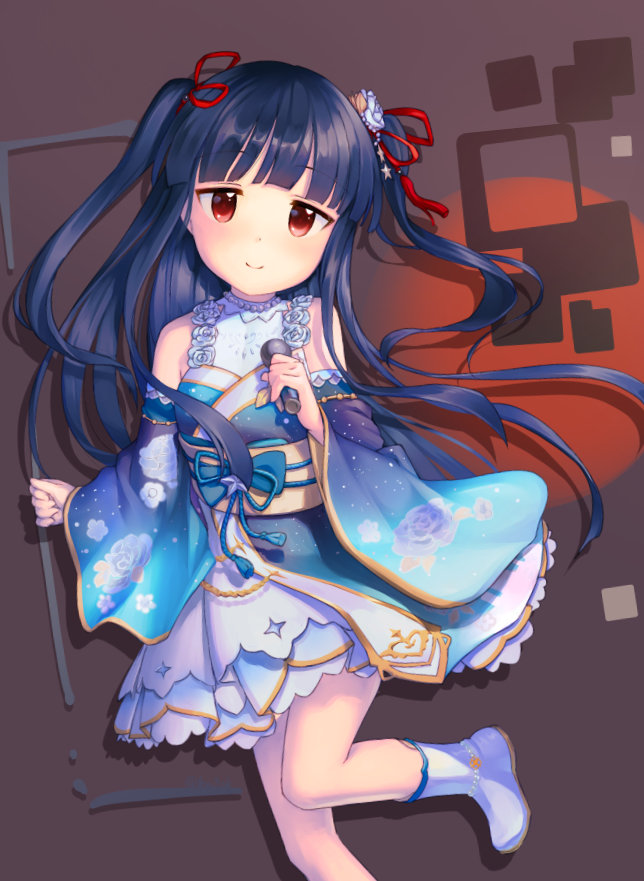 1girl bare_shoulders blue_hair blue_kimono blunt_bangs blush boots detached_sleeves floating_hair floral_print foot_out_of_frame hair_ornament hair_ribbon holding holding_microphone idolmaster idolmaster_cinderella_girls japanese_clothes kawaseki kimono kimono_skirt leg_up looking_at_viewer microphone print_kimono red_eyes red_ribbon ribbon sajo_yukimi smile solo two_side_up wide_sleeves