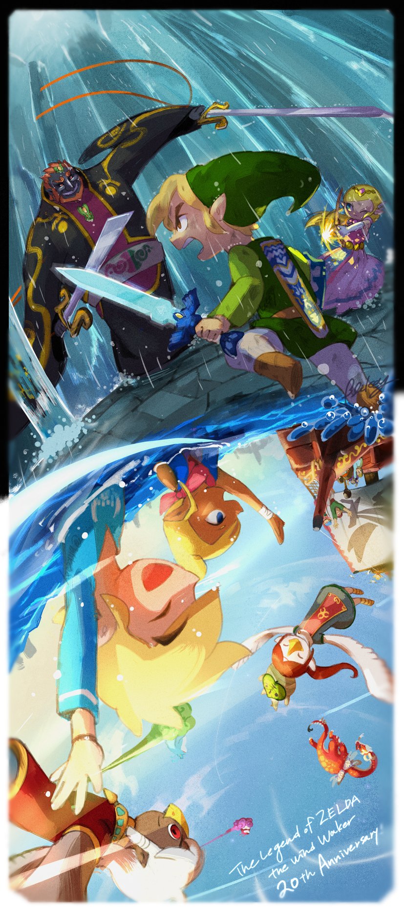 blikeeeey blonde_hair blue_sky boat boots brown_footwear closed_eyes english_text ganon green_headwear green_tunic highres holding holding_sword holding_weapon korok link medium_hair open_mouth outdoors pants partially_submerged pointy_ears princess_zelda scabbard sheath sky sword the_legend_of_zelda the_legend_of_zelda:_the_wind_waker toon_link toon_zelda water watercraft weapon white_pants