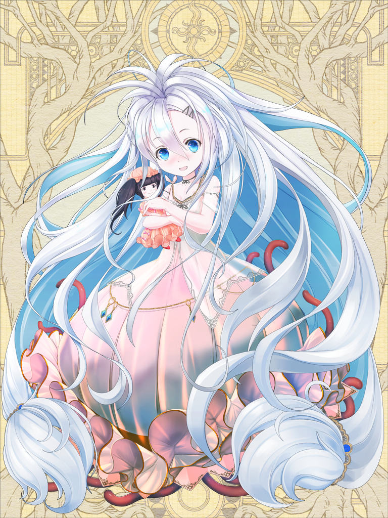 1girl absurdly_long_hair ayachi_pbw blue_eyes colored_inner_hair dairoku_ryouhei doll dress full_body hair_ornament hairclip holding holding_doll isokaze_aoi long_hair looking_at_viewer multicolored_hair pink_dress smile solo standing tentacles very_long_hair white_hair yellow_background