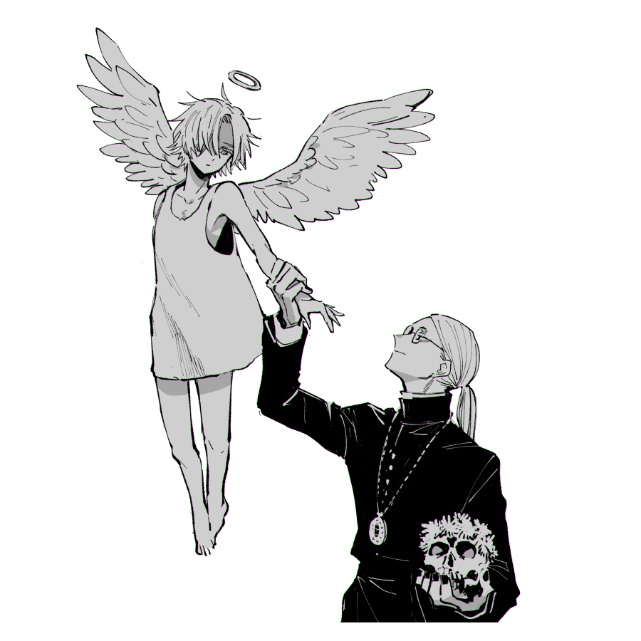2boys aged_down angel angel_wings bare_shoulders black_nails black_shirt blonde_hair daybit_sem_void fate/grand_order fate_(series) hair_over_one_eye halo holding holding_another's_wrist holding_skull jewelry long_hair long_sleeves looking_at_another male_child medallion multiple_boys nail_polish necklace nobicco ponytail profile shirt short_hair simple_background skull sleeveless sunglasses tezcatlipoca_(fate) white_background wings