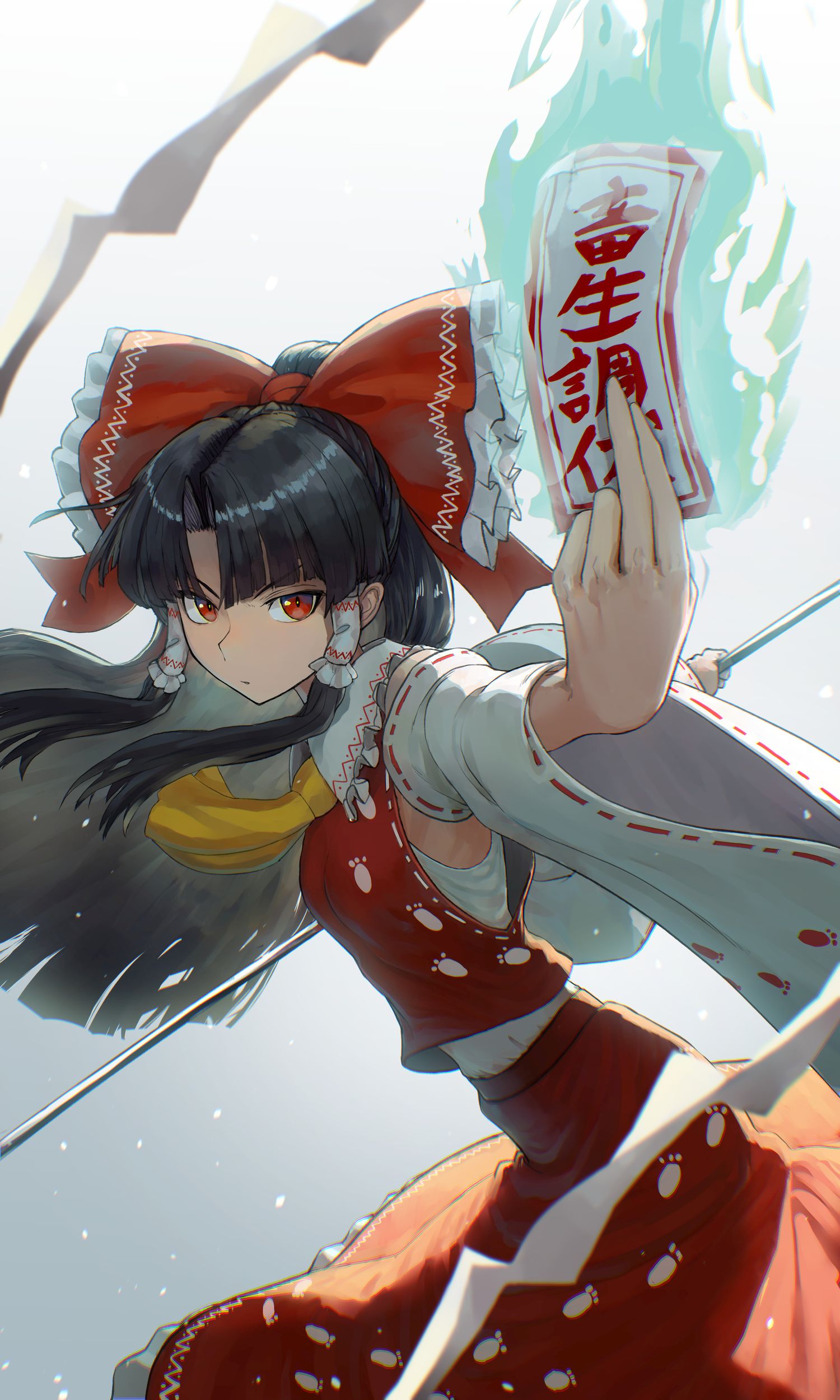 1girl absurdres ascot bare_shoulders black_hair bow closed_mouth detached_sleeves gohei hair_bow hair_tubes hakurei_reimu harapan-kun highres holding holding_gohei japanese_clothes long_hair nontraditional_miko ofuda red_bow red_eyes red_skirt ribbon-trimmed_sleeves ribbon_trim sidelocks skirt solo touhou unfinished_dream_of_all_living_ghost wide_sleeves yellow_ascot