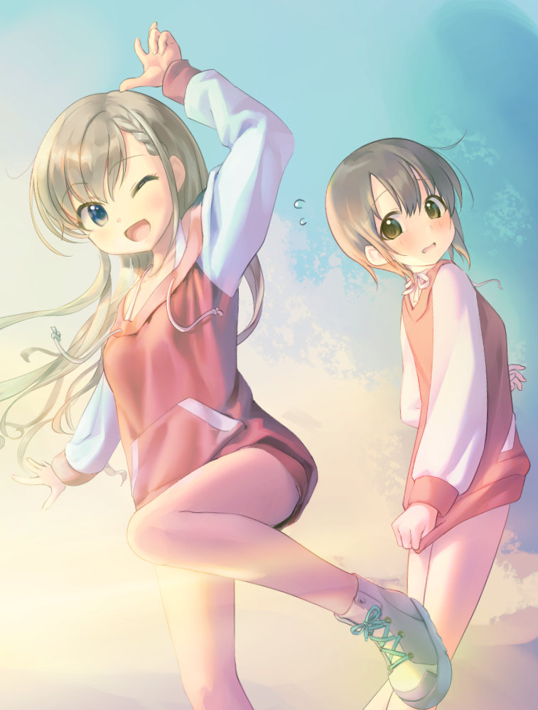 2girls arm_up bare_legs blue_eyes blue_sky braid braided_bangs brown_eyes drawstring dress floating_hair grey_hair hisakawa_hayate hood hoodie idolmaster idolmaster_cinderella_girls kawaseki long_hair looking_at_viewer multiple_girls one_eye_closed open_mouth otokura_yuuki outdoors shoes short_hair sky smile sneakers sunlight sunrise sweater sweater_dress