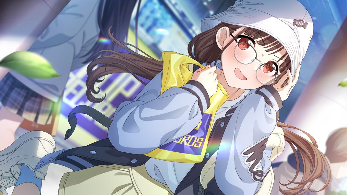 1girl bag bespectacled blurry blurry_background blush brown_hair bucket_hat dutch_angle falling_leaves glasses hat holding holding_bag idolmaster idolmaster_shiny_colors jacket leaf letterman_jacket looking_at_viewer official_art outdoors people plastic_bag red_eyes solo_focus sonoda_chiyoko twintails