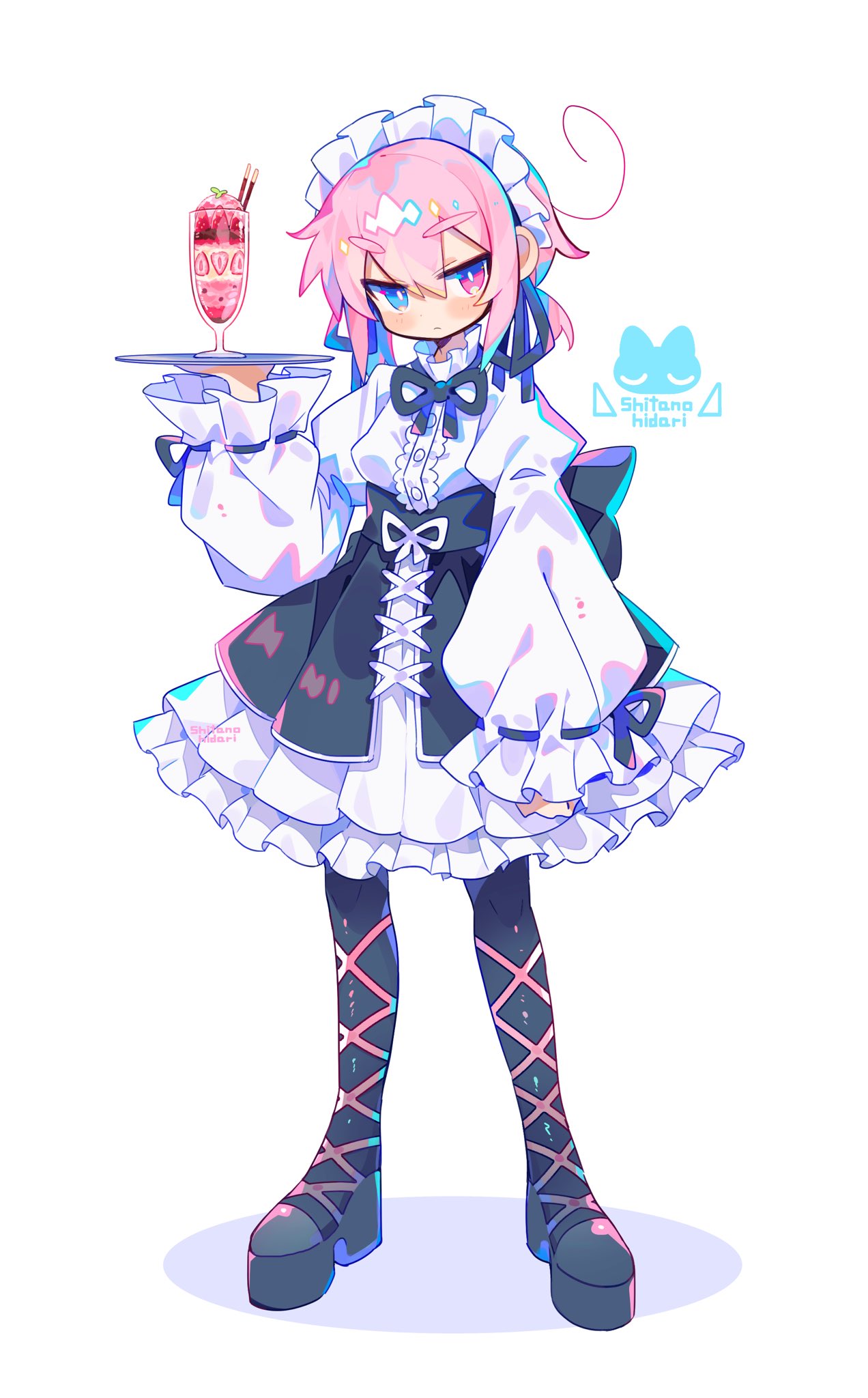 1girl black_footwear black_thighhighs blue_eyes blush bright_pupils closed_mouth cup drinking_glass full_body heterochromia high_heels highres holding holding_tray long_sleeves looking_at_viewer maid maid_headdress medium_hair original pink_eyes pink_hair short_twintails simple_background solo thigh-highs tray twintails uenomigi white_background white_pupils
